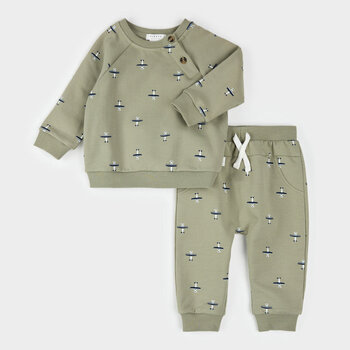 Petit Lem Seaplane Print on Fall Green Outfit Set
