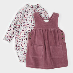 Petit Lem Floral Print on Corduroy Overall Dress Set
