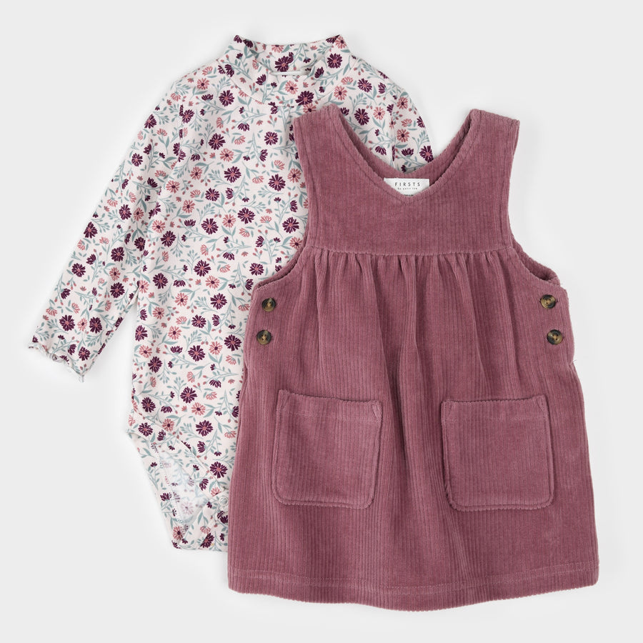 Petit Lem Floral Print on Corduroy Overall Dress Set