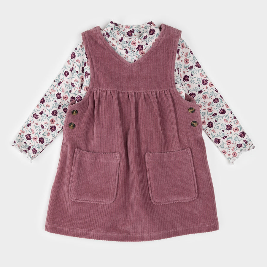 Petit Lem Floral Print on Corduroy Overall Dress Set