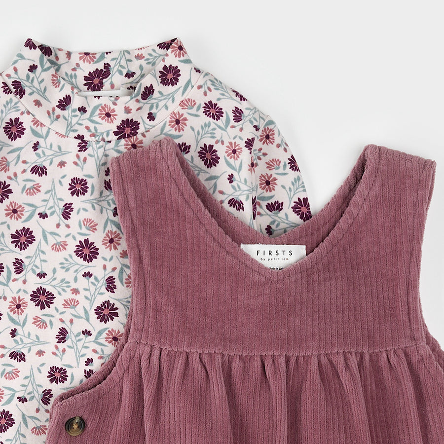 Petit Lem Floral Print on Corduroy Overall Dress Set
