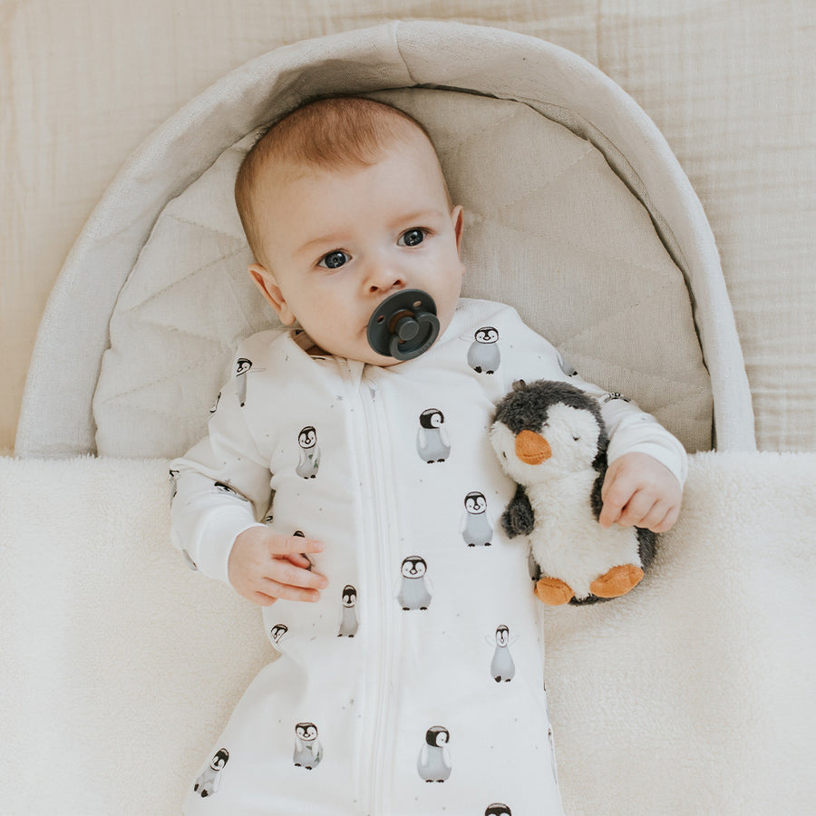 Petit Lem   Baby Penguin Print on Off-White Sleeper