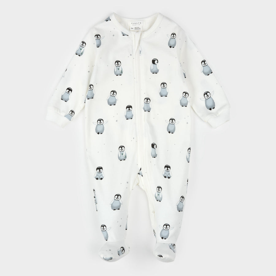 Petit Lem   Baby Penguin Print on Off-White Sleeper