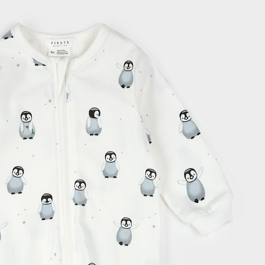 Petit Lem   Baby Penguin Print on Off-White Sleeper