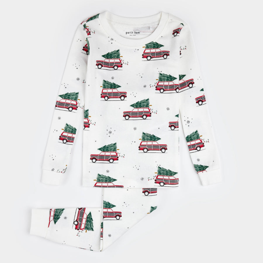 Petit Lem Festive Cars on Off-White PJ Set