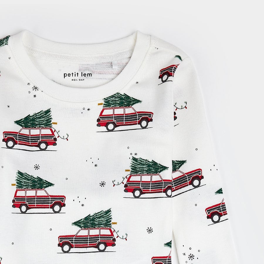 Petit Lem Festive Cars on Off-White PJ Set