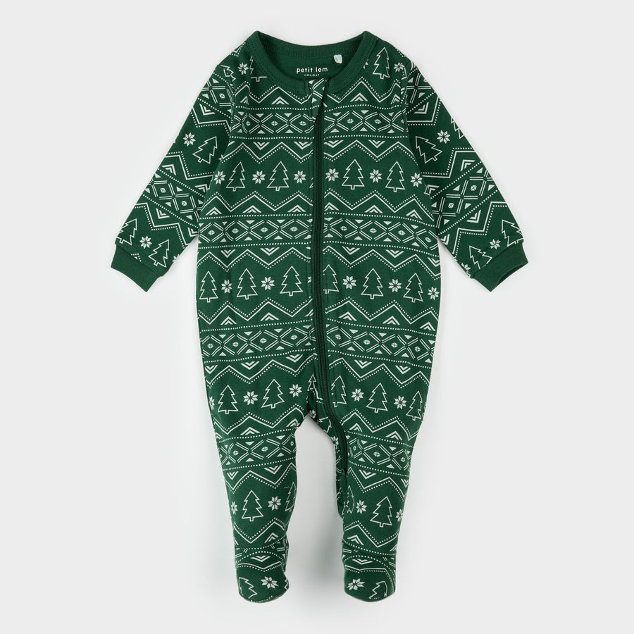 Petit Lem Fair Isle Holiday Trees Print on Dark Green Sleeper