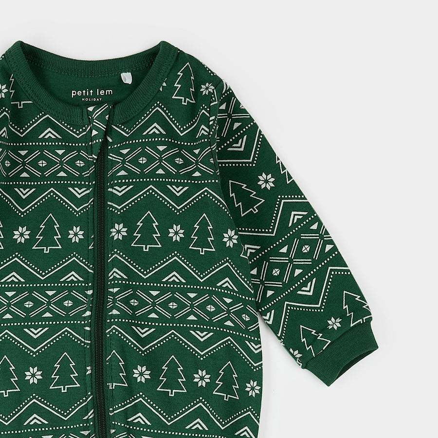 Petit Lem Fair Isle Holiday Trees Print on Dark Green Sleeper