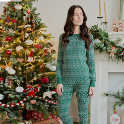 Petit Lem Fair Isle Holiday Trees Print on Dark Green Women's PJ Set