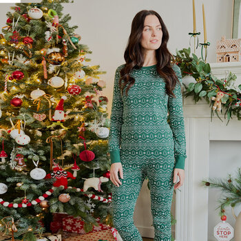 Petit Lem Fair Isle Holiday Trees Print on Dark Green Women's PJ Set