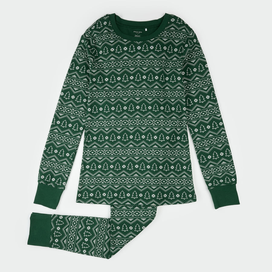 Petit Lem Ensemble pyjama femme vert foncé imprimé sapins des fêtes