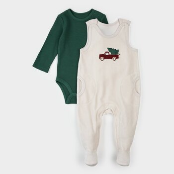 Petit Lem Ensemble salopette thermique rayée vert foncé