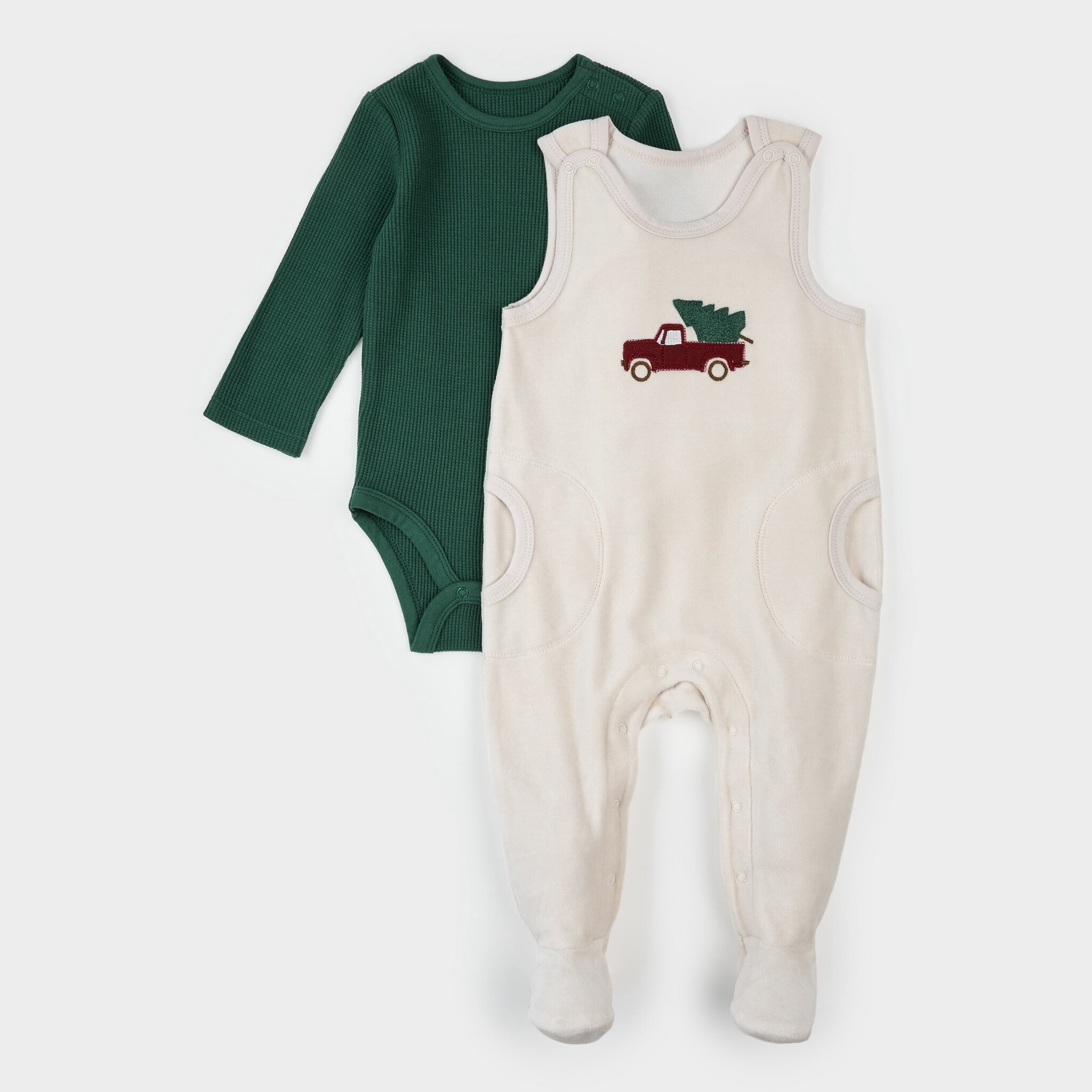 Petit Lem Ensemble salopette thermique rayée vert foncé