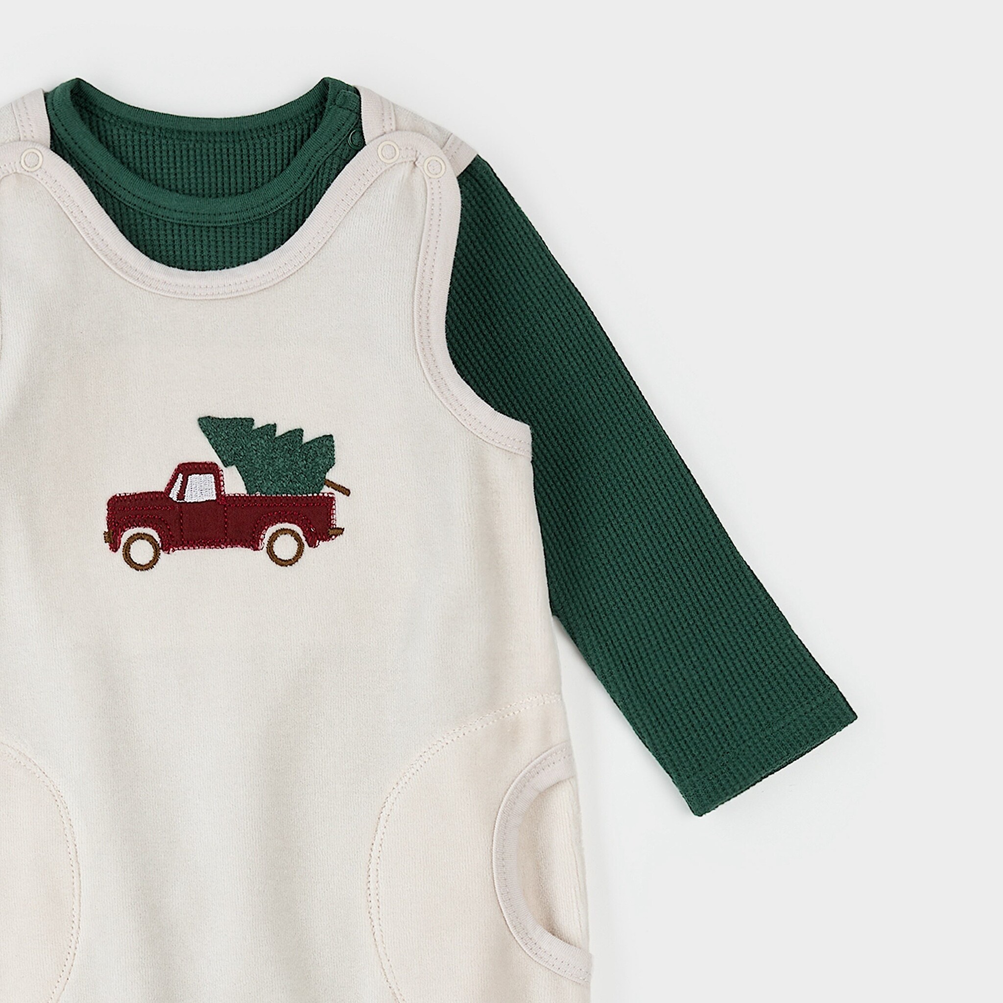 Petit Lem Ensemble salopette thermique rayée vert foncé