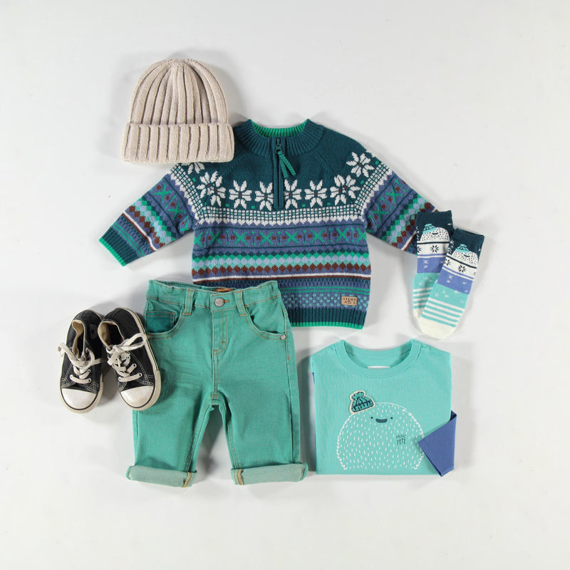 Souris Mini Chandail bleu sarcelle en tricot avec motifs