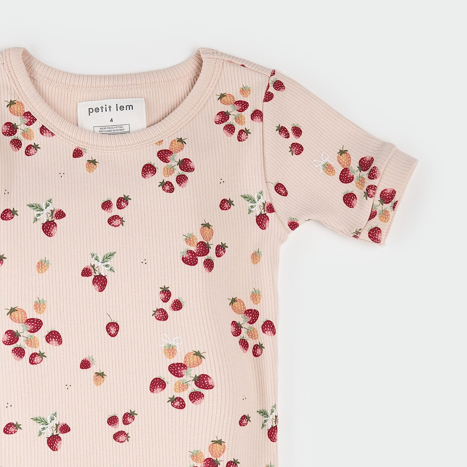 Petit Lem Strawberry Print on Soft Pink Ribbed PJ Set