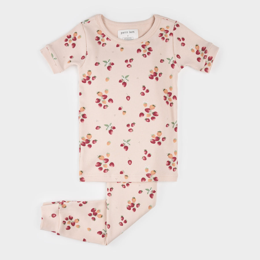 Petit Lem Strawberry Print on Soft Pink Ribbed PJ Set