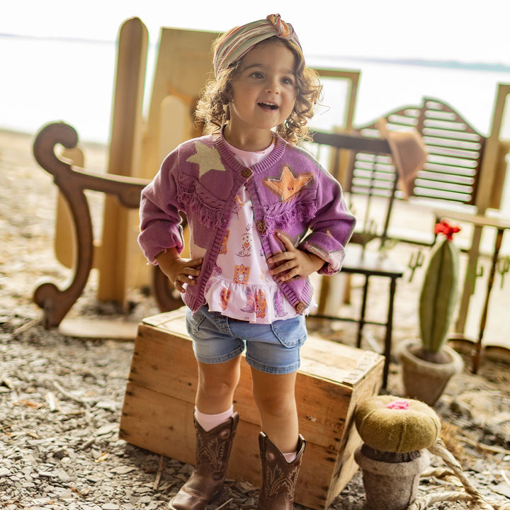 Souris Mini Cardigan mauve en tricot à motifs d'étoiles