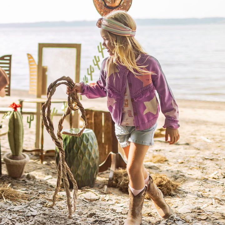 Souris Mini Cardigan mauve en tricot à motifs d'étoiles