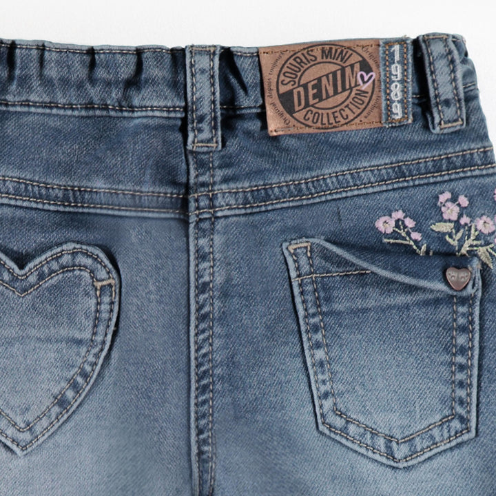 Souris Mini Jean bleu avec broderies florales