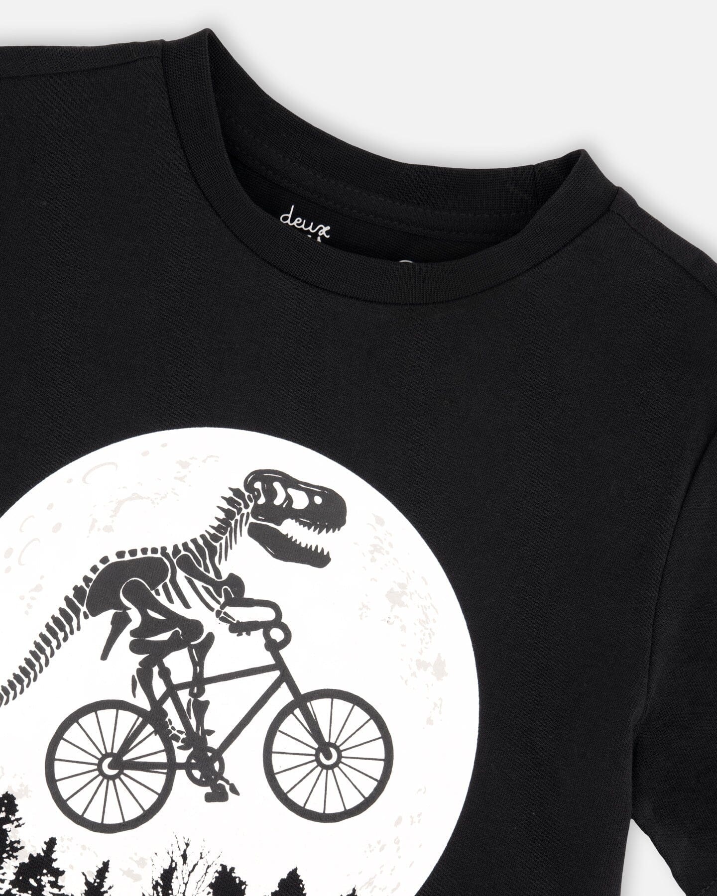 Deux Par Deux T-shirt jersey de coton biologique noir avec imprimé dino à vélo