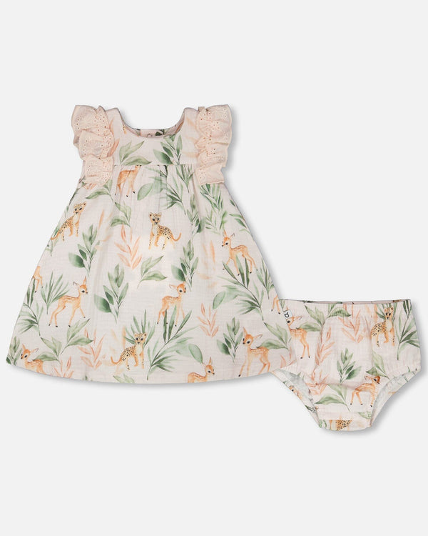 Deux Par Deux Ensemble robe et bloomer en mousseline pêche imprimé cerfs