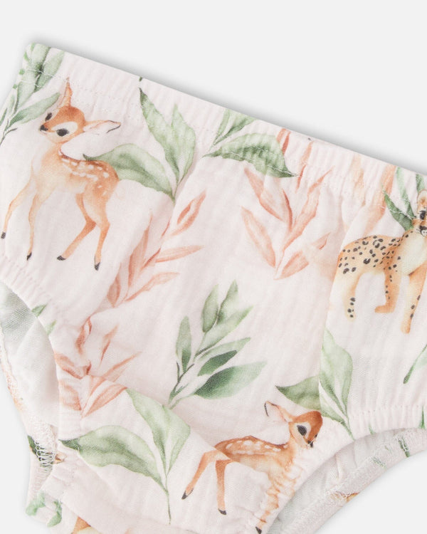 Deux Par Deux Ensemble robe et bloomer en mousseline pêche imprimé cerfs