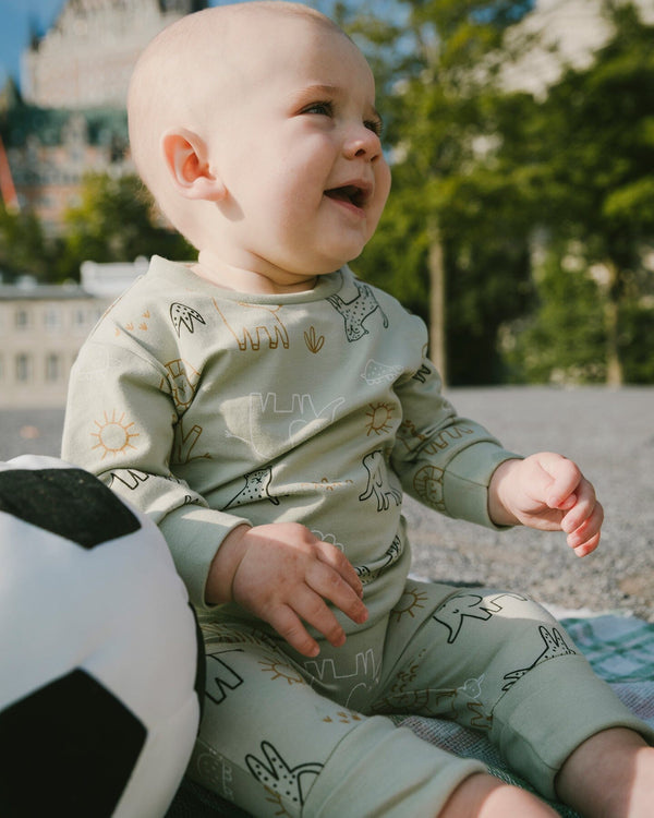 Deux Par Deux Ensemble sweat et pantalon en jersey de coton biologique vert sauge imprimé animaux