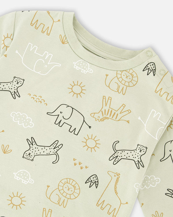 Deux Par Deux Ensemble sweat et pantalon en jersey de coton biologique vert sauge imprimé animaux