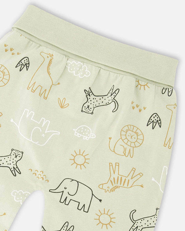 Deux Par Deux Ensemble sweat et pantalon en jersey de coton biologique vert sauge imprimé animaux