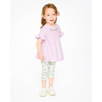 Deux Par Deux Ensemble tunique en jersey et capri en coton lavande et vert imprimé fleurs