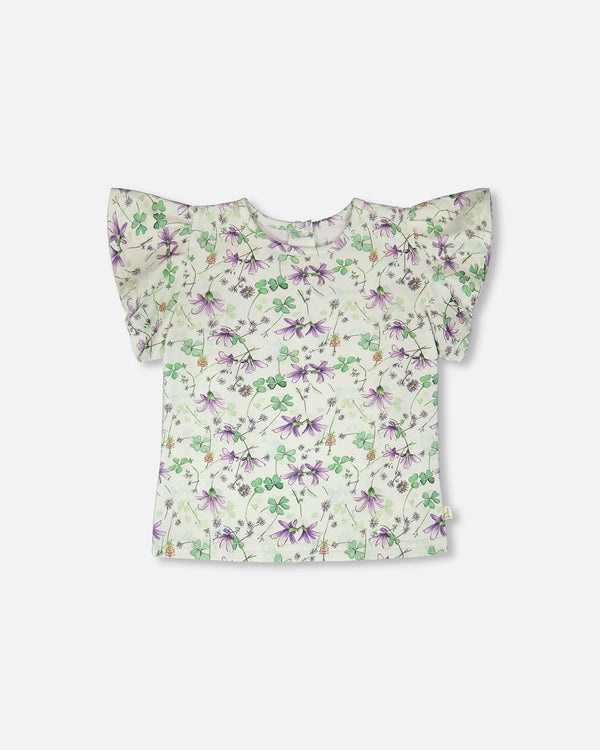 Deux Par Deux T-shirt en jersey vert imprimé fleurs