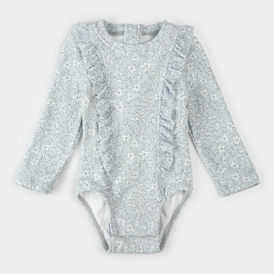 Petit Lem Maillot de bain une-pièce à manches longues bleu poudre à imprimé fleurs rétro