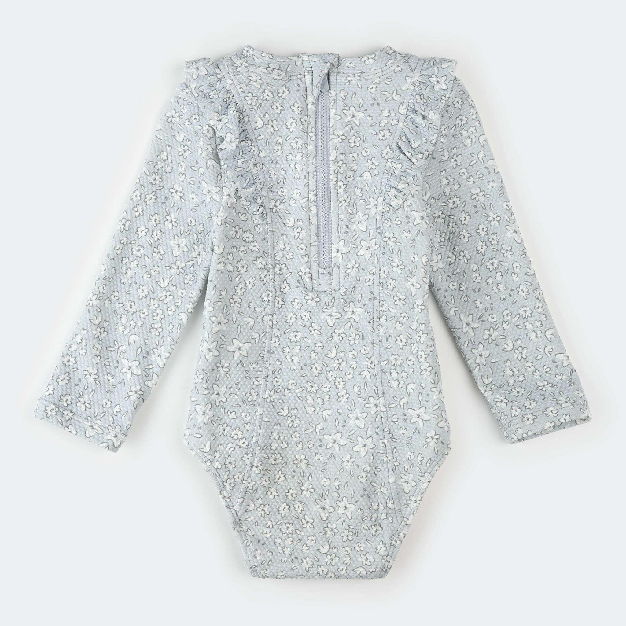 Petit Lem Maillot de bain une-pièce à manches longues bleu poudre à imprimé fleurs rétro