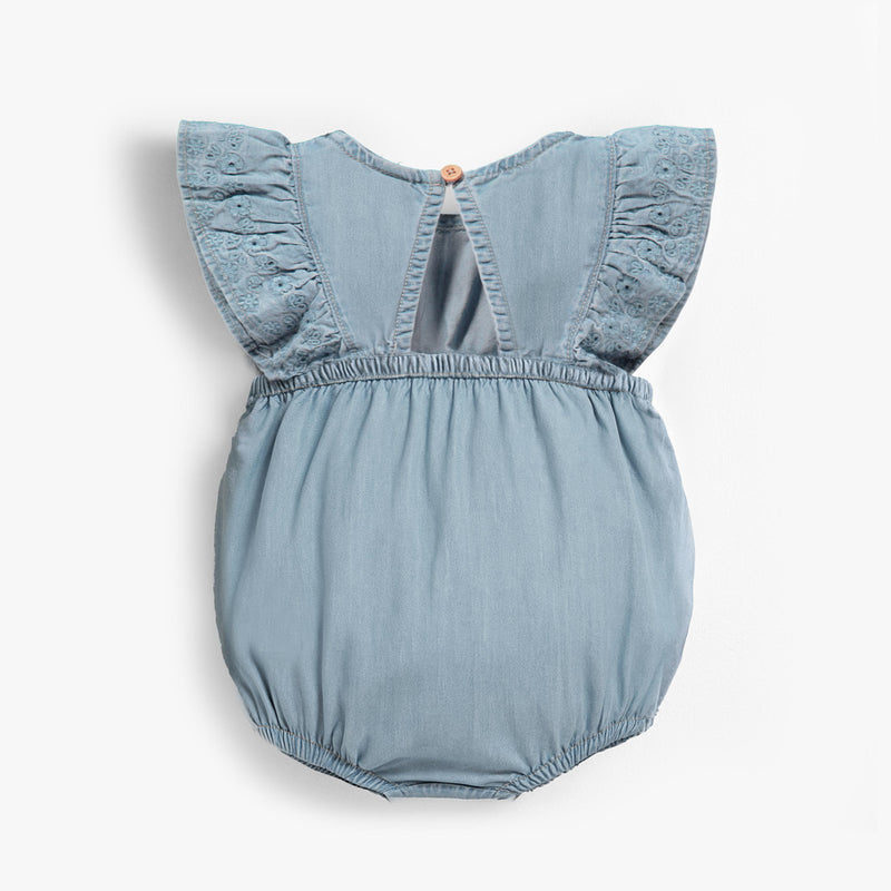 Souris Mini Barboteuse bleu pâle en denim avec broderie anglaise