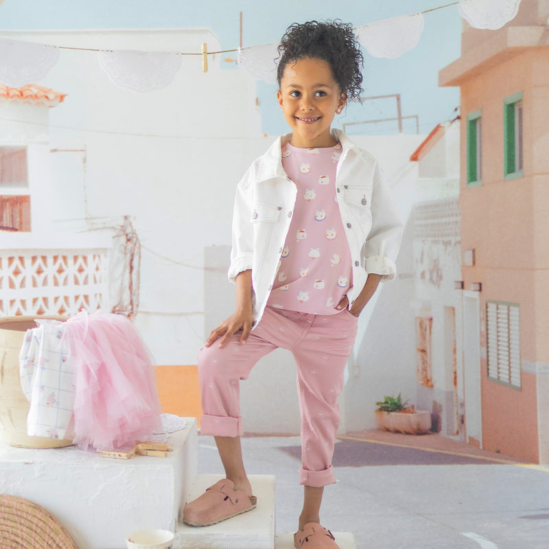 Souris Mini Jean rose avec broderies de fleurs