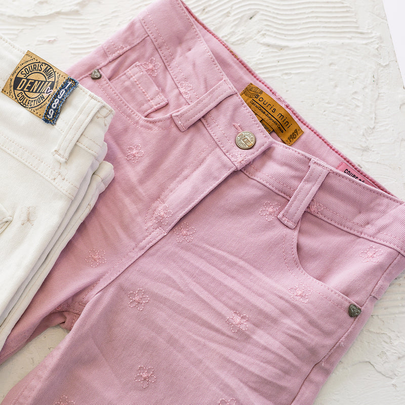 Souris Mini Jean rose avec broderies de fleurs