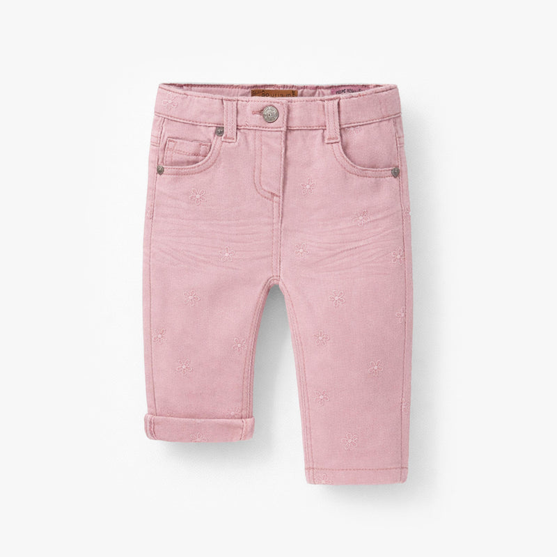 Souris Mini Jean rose avec broderies de fleurs