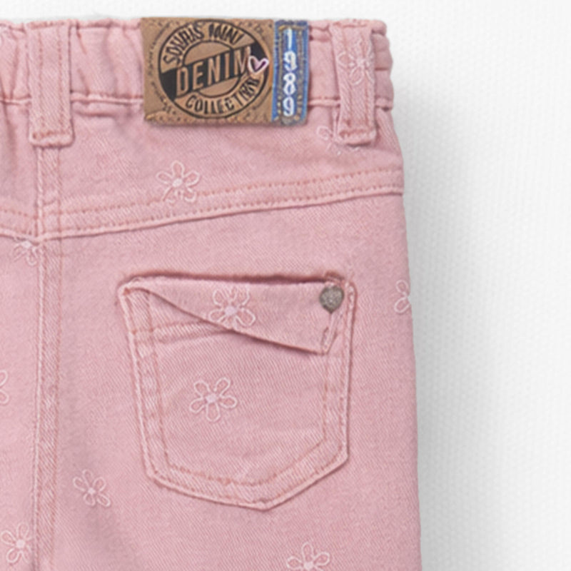 Souris Mini Jean rose avec broderies de fleurs