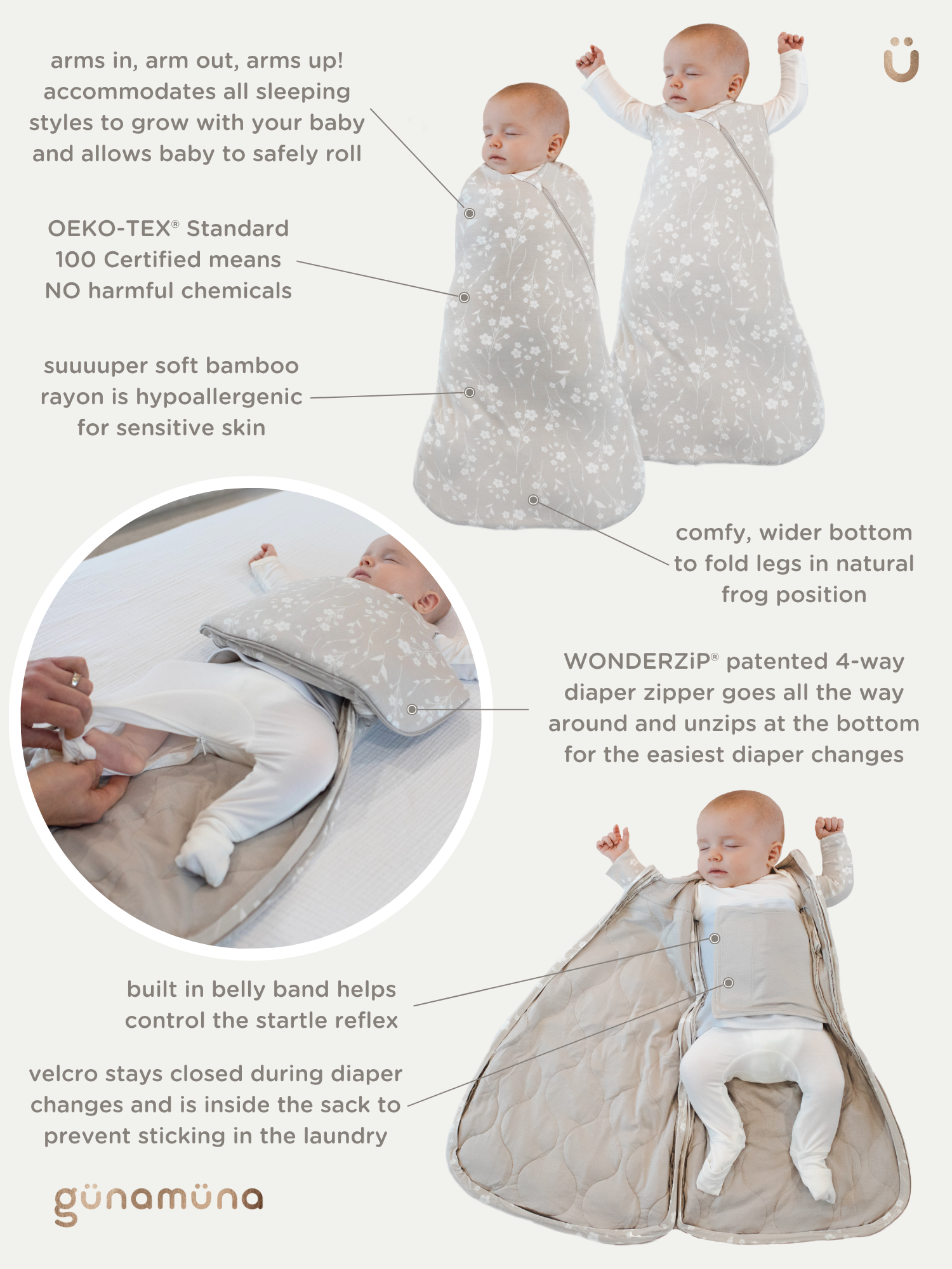 Gunamuna Swaddle sleep sack NB/3M 2.5 TOG - Dream