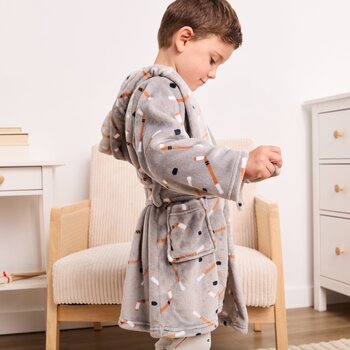 Petit Lem Robe de chambre en peluche gris à imprimé de baton d'hockey
