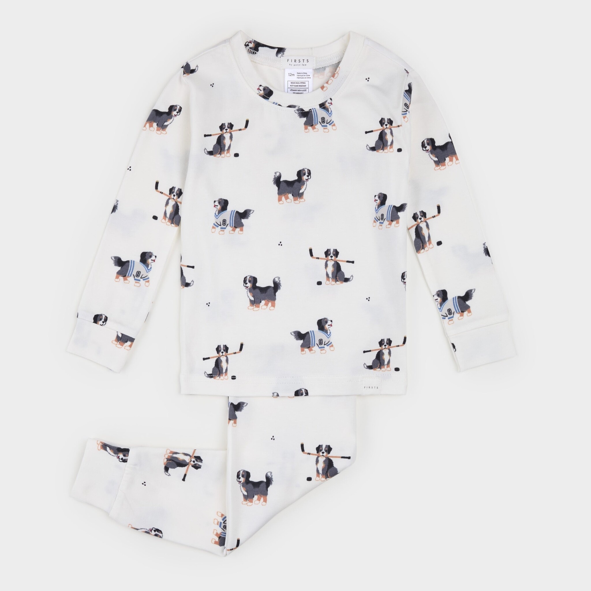 Petit Lem Ensemble de pyjama LunaKnit blanc cassé à imprimé de Bouvier Bernois d'hockey