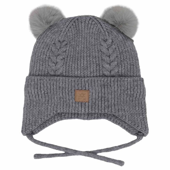 Calikids Tuque à pompom en tricot doublé avec corde - Light grey