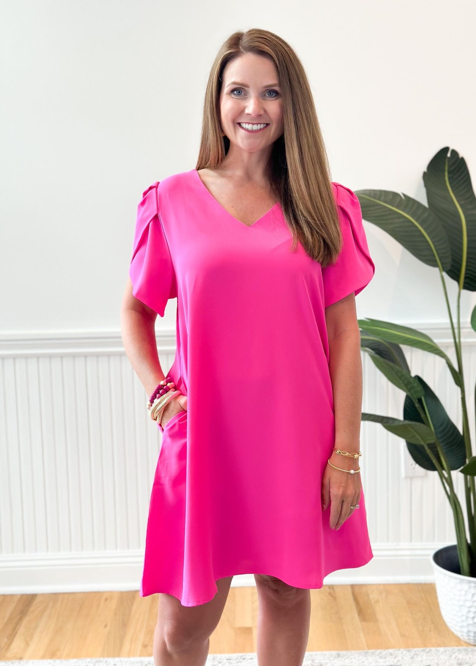 Petal Sleeve Shift Dress - Pink