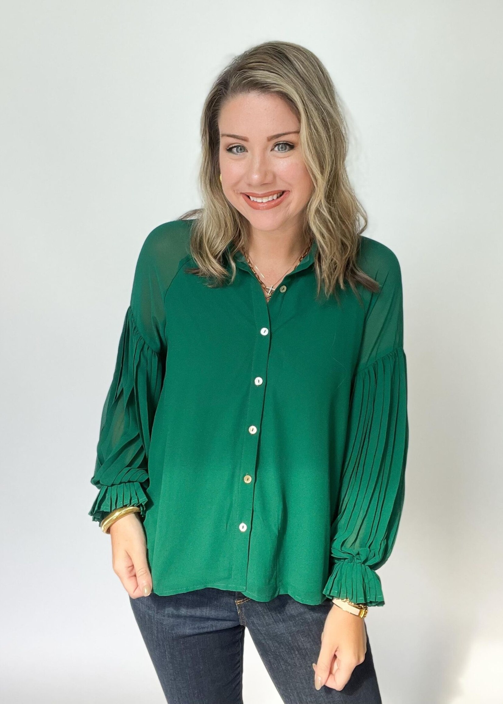 On the Way Pleated Slv Top - Green