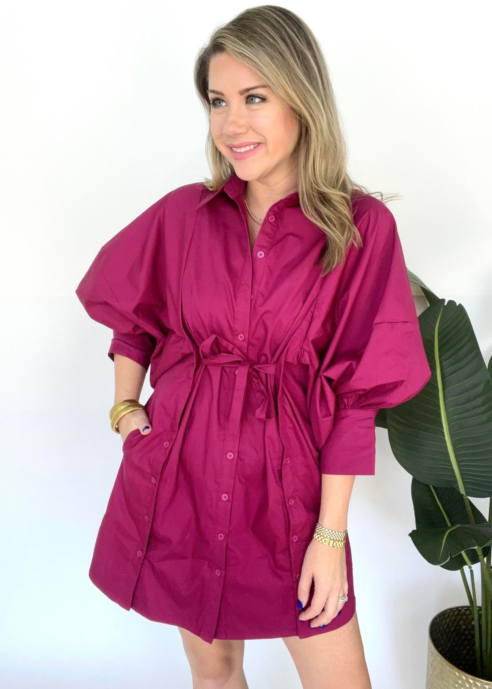 Misha Button Detail Dress - Wine