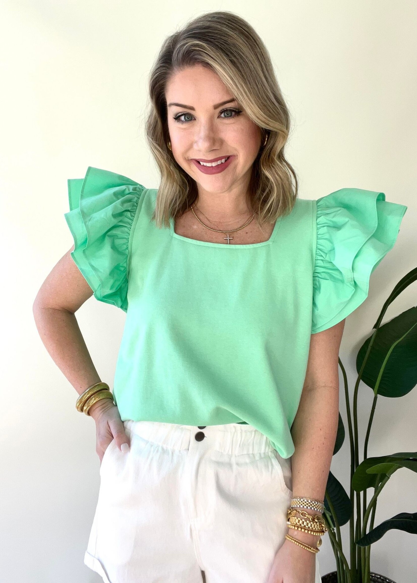 Ruffled Layer Shoulder Top Mint or Pink