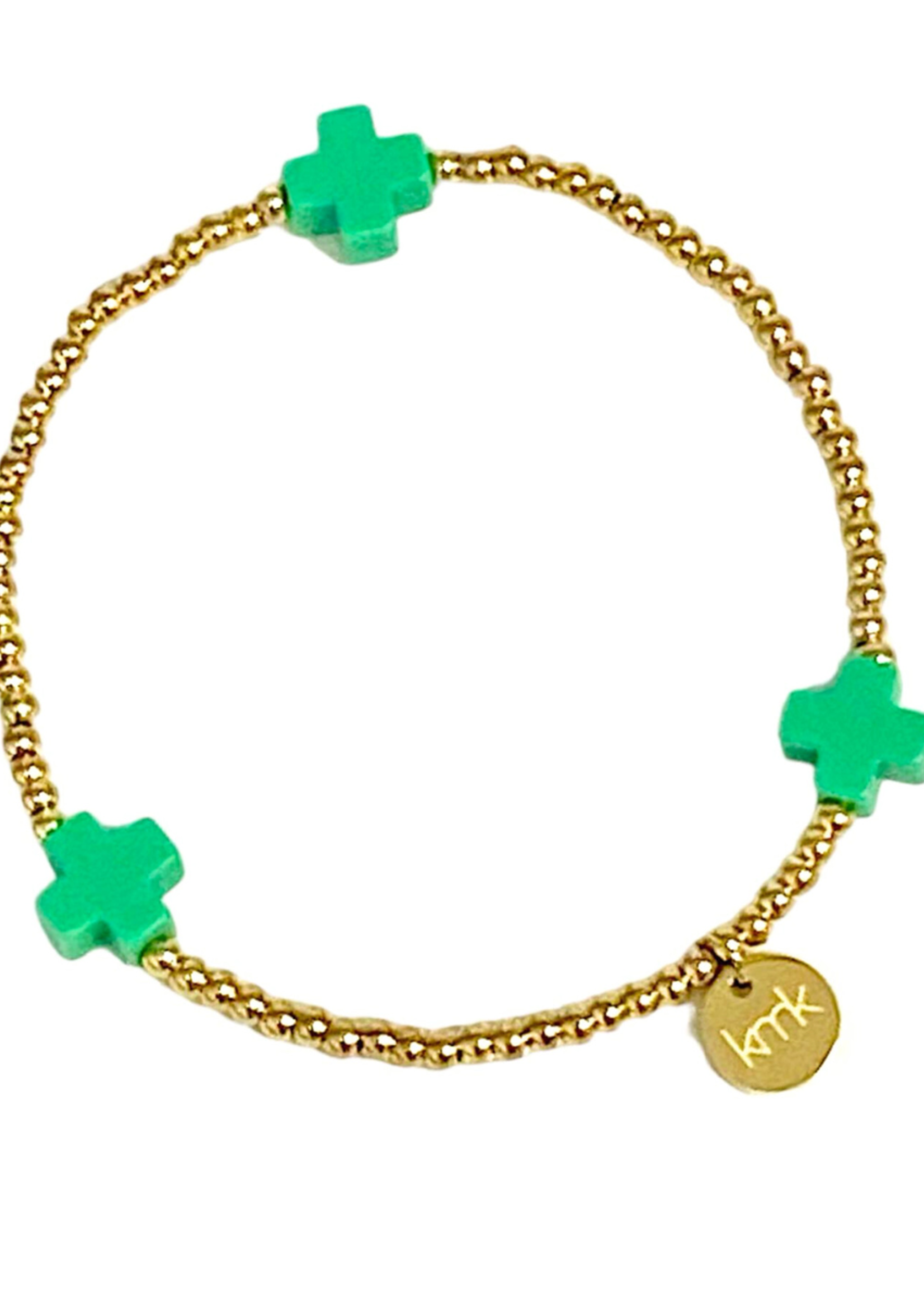 kiss me kate Green Cross w/2.5mm Gold Bead Stretch Bracelet