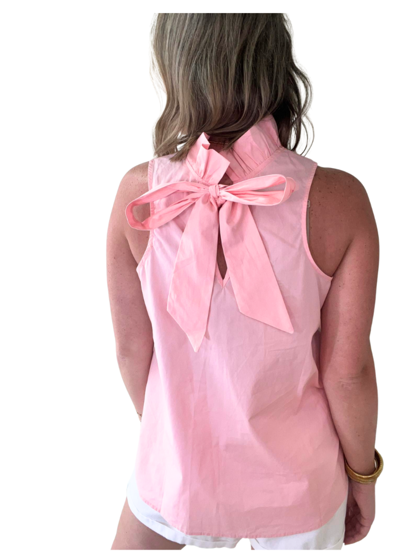Ruffle Neck Tie Back Top - Pink