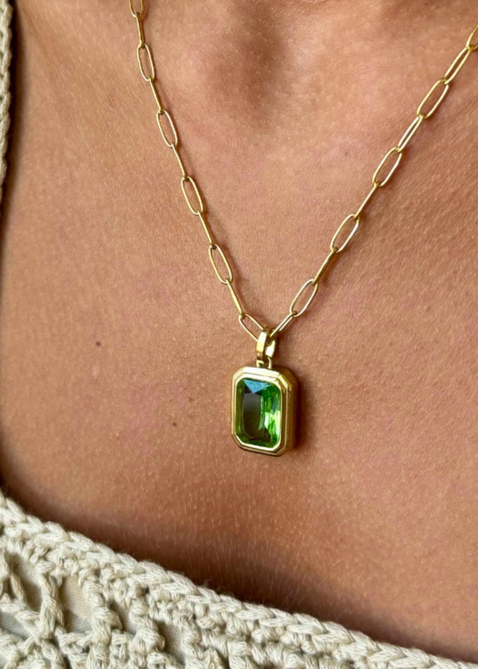 kiss me kate Gold Paperclip Necklace with Green Stone